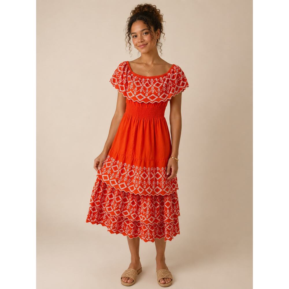 Naoo‎ Orange Embroidered Off Shoulder Boho Maxi Dress Size Small Resort